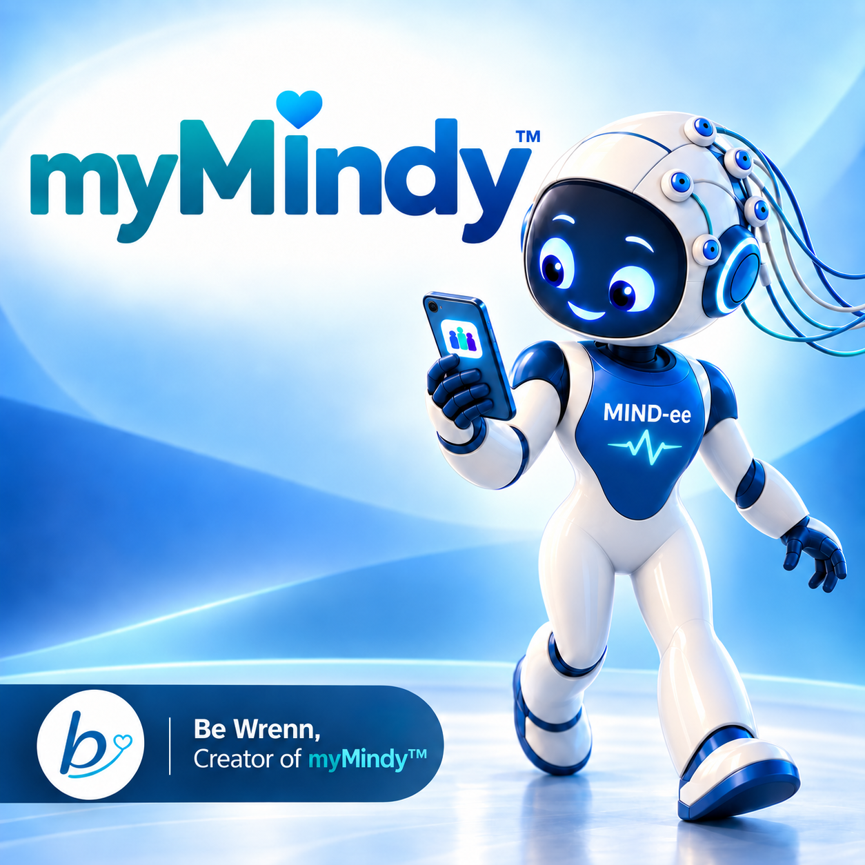 myMIndy app image with MIND-ee character and Be Wrenn creator credit.